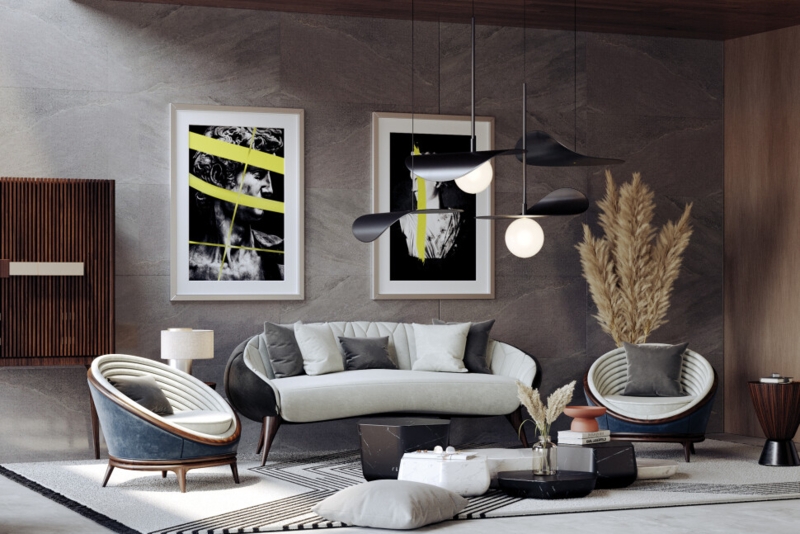 Sofa Curved Upholstered with Sculptural Pendants and Stone Walls