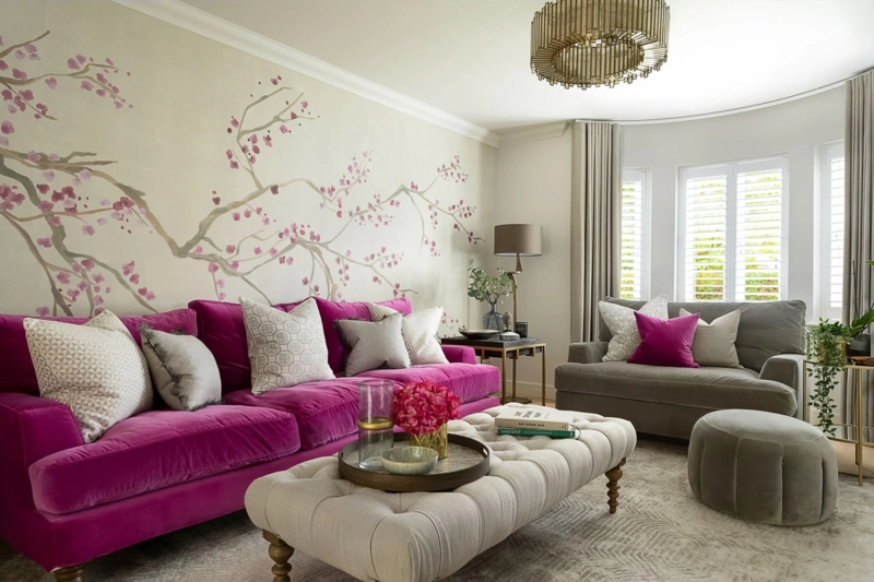 Sofa Magenta Velvet with Floral Wall Mural and Tufted Ottoman