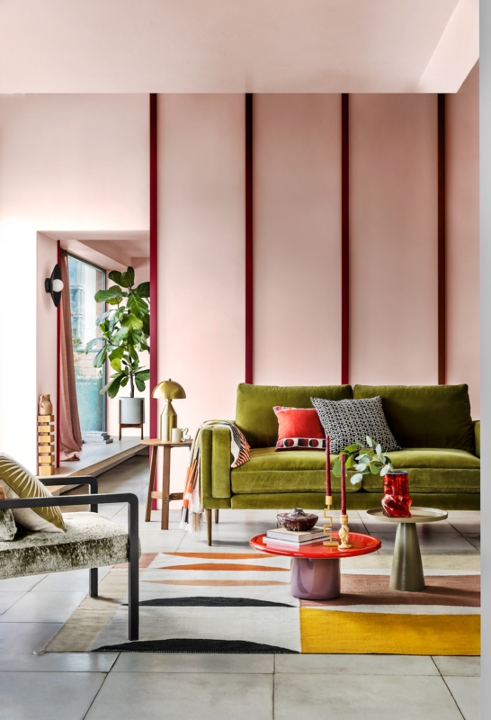Sofa Olive Velvet against Pink Walls with Red Wall Stripes