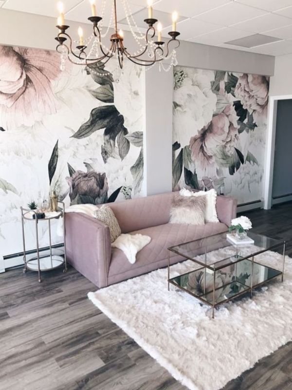 Sofa Quilted Velvet Sofa Large Scale Floral Mural Glam Style Airy Mood