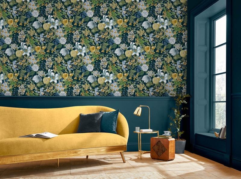 Sofa Teal Wainscoting Mustard Yellow Sofa Maximalist Living Room Style