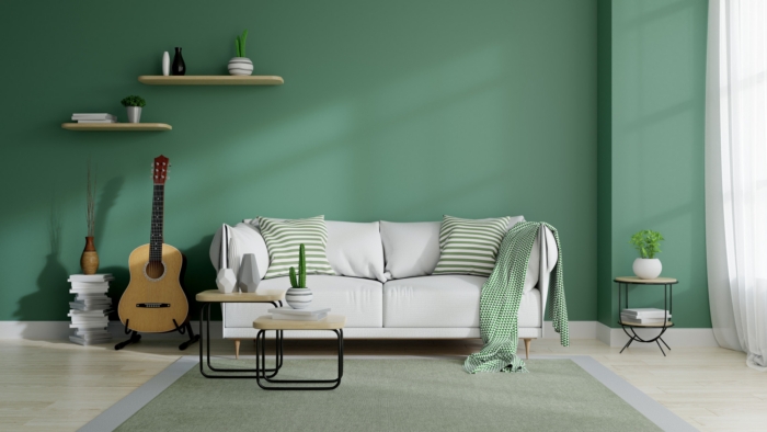 Sofa White Upholstered with Acoustic Guitar and Floating Shelves