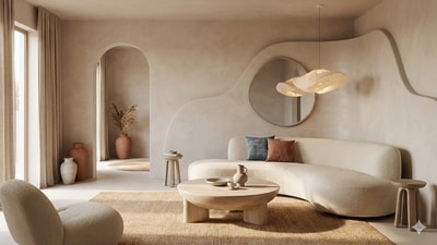 Soft Geometry Living Room Trends: Curved Sofa & Plaster Wall Texture.
