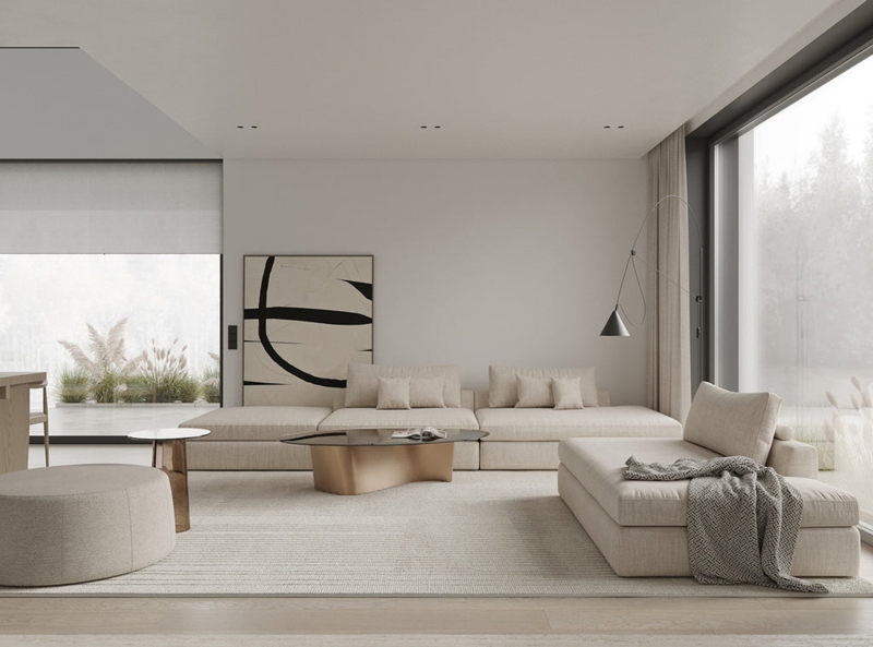 Soft Minimalism Lounge: Modular Beige Sectional & Sculptural Coffee Table.
