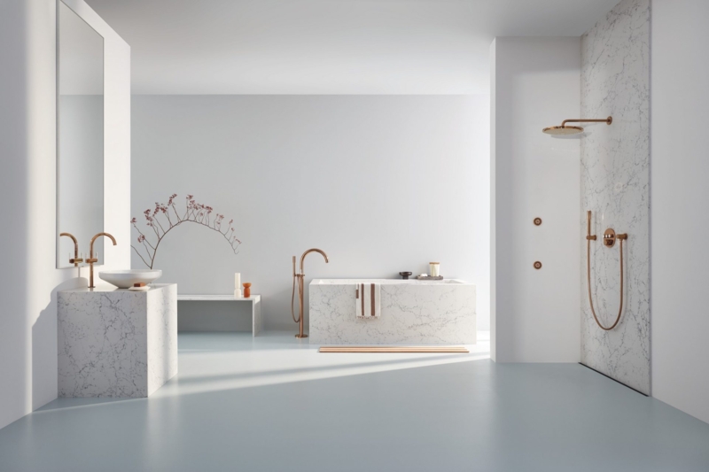 Spa Bathroom: Rose Gold Fixtures and Marble Sink Plinth Idea