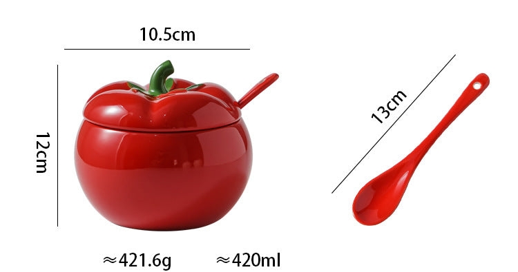 Spice Jar Ceramic Novelty Tomato Shape Green Stem Lid Glossy Finish