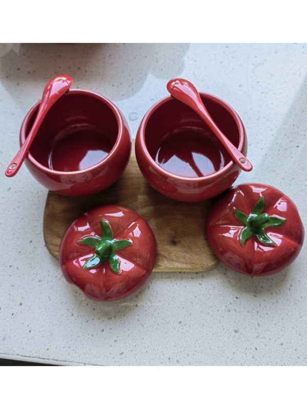 Spice Jar Ceramic Tomato Shape Glossy Leaf Lid Handle Whimsical