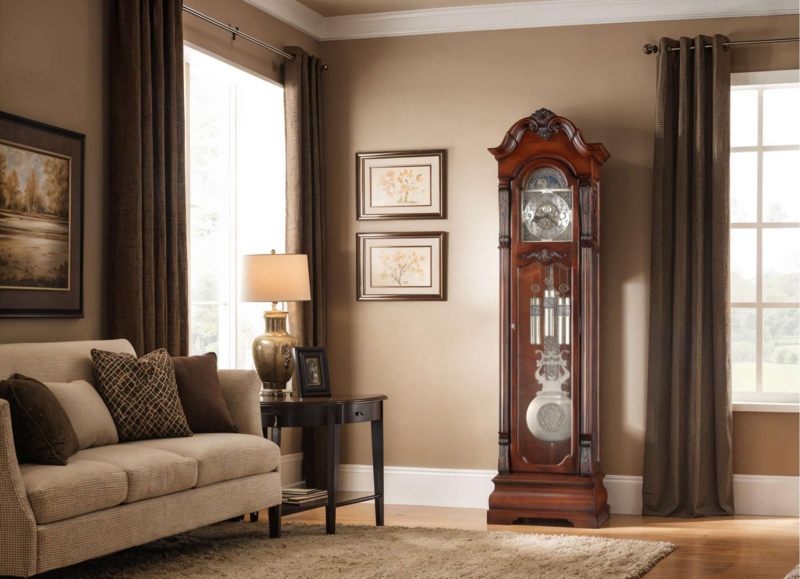 Stately Dark Wood Grandfather Clock with Swan Neck Pediment