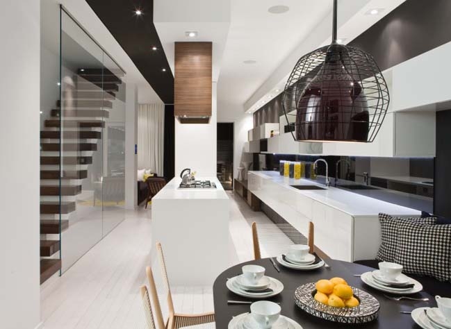 Statement Wire Cage Pendant Lighting: Floating Stairs with Glass Wall