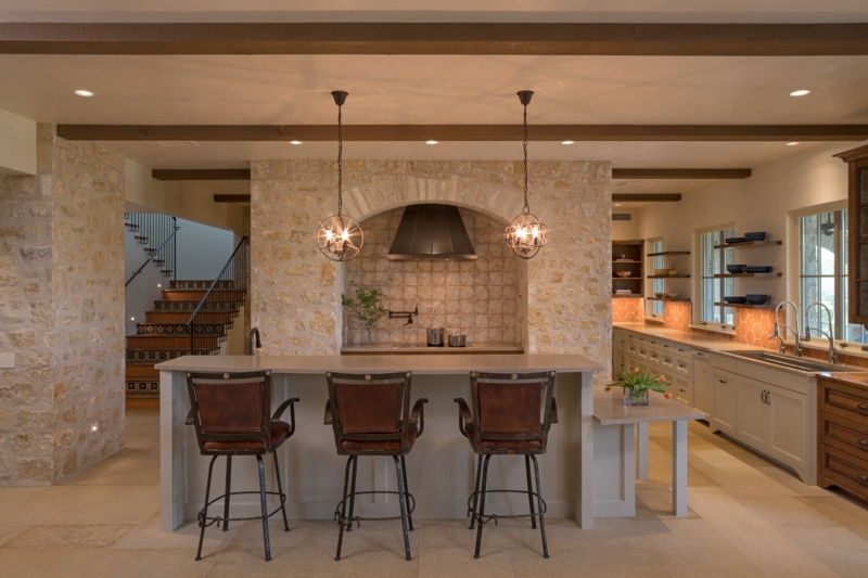 Stone Archway Kitchen Design: Orb Pendant Lighting & Beams