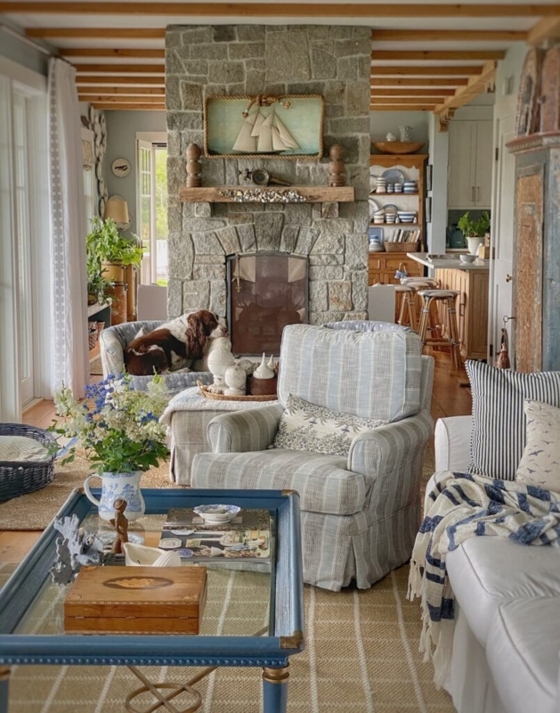 Stone Fireplace Mantel Styling Nautical Blue Accents