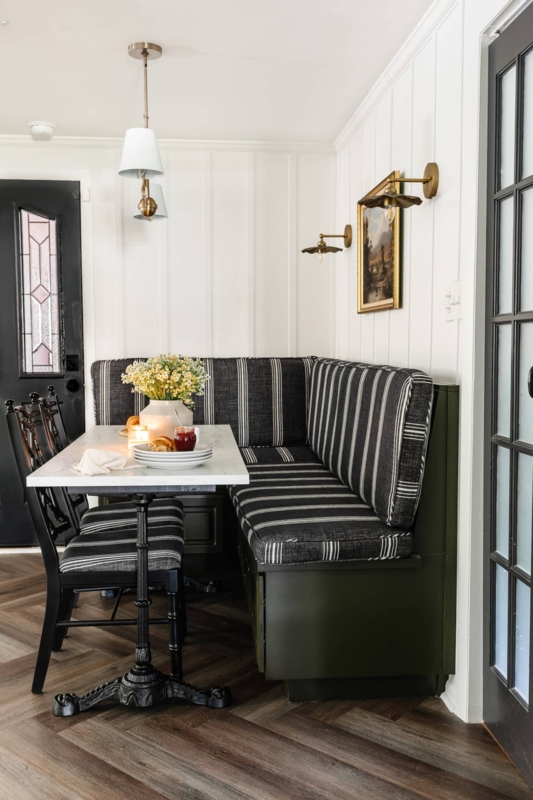 Striped Banquette Seating: Farmhouse Nook Layout & Herringbone Floor