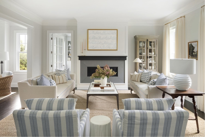 Symmetrical Blue & White Living Room Striped Armchairs