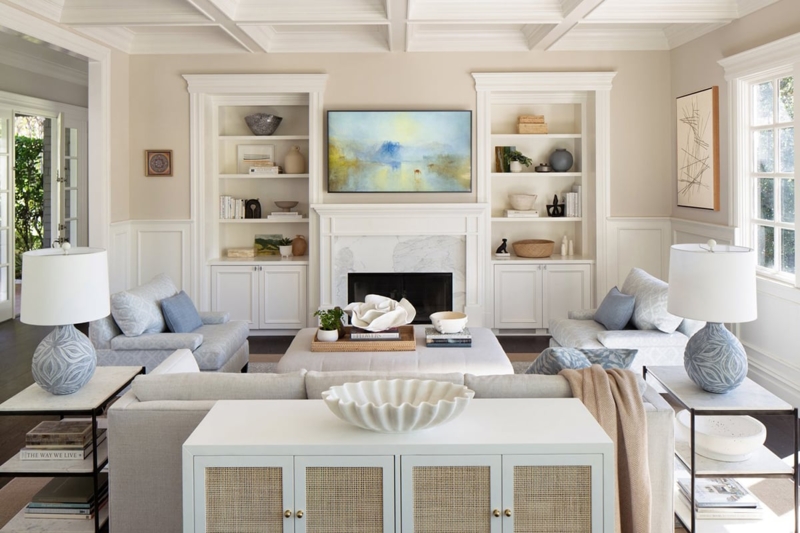 Symmetrical Coastal Living Room Coffered Ceiling & Built-Ins