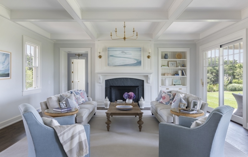 Symmetrical Coastal Living Room Layout with Coffered Ceiling