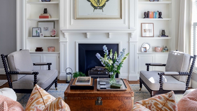 Symmetrical Fireplace Living Room with Bobbin Spindle Chairs