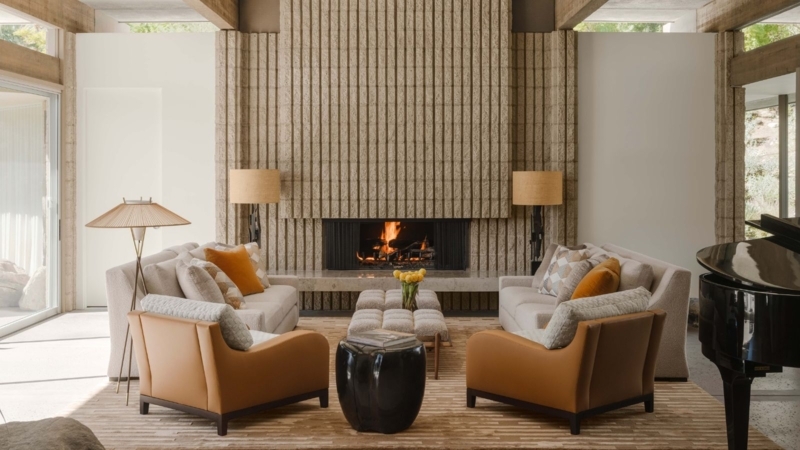 Symmetrical Layout Living Room with Ribbed Stone Fireplace