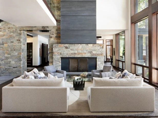 Symmetrical Seating Arrangement in Modern Living Room with Stone Fireplace