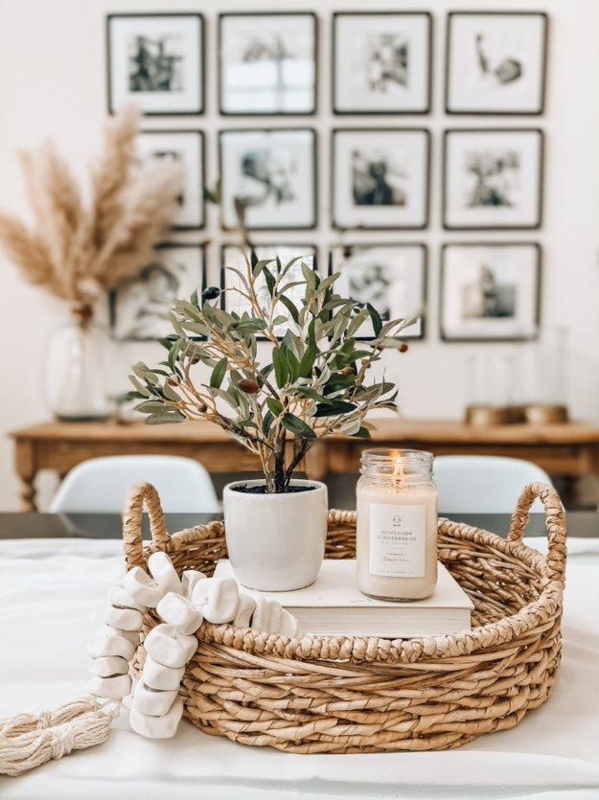 Tabletop Vignette Decor Woven Basket Tray Chunky White Beads