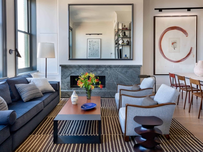 Tailored Urban Loft Stone Fireplace Surround Navy Sofa
