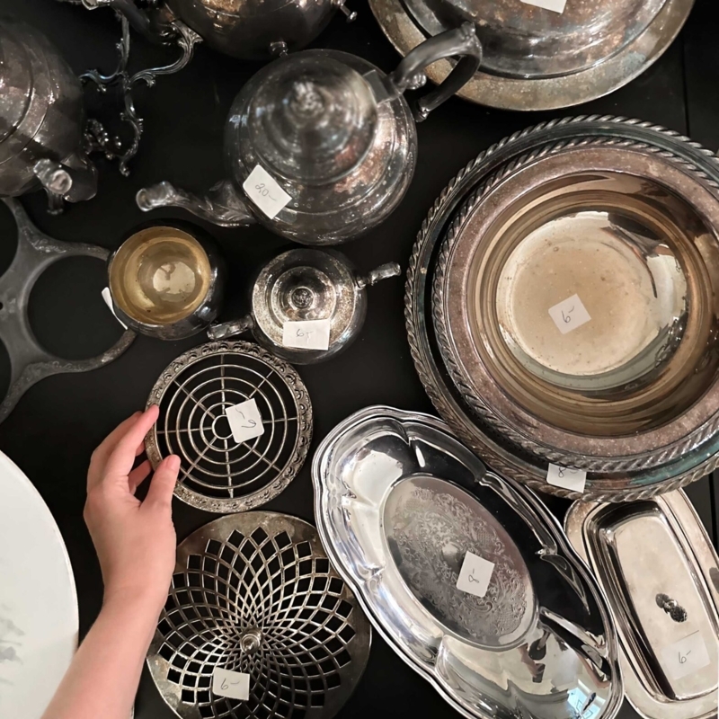 Tarnished Silver Tabletop Display: Etched Trays & Antique Teapots
