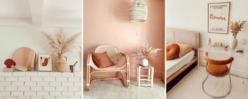 Terracotta Bedroom & Living Room Ideas with Rattan and Acrylic Furniture.