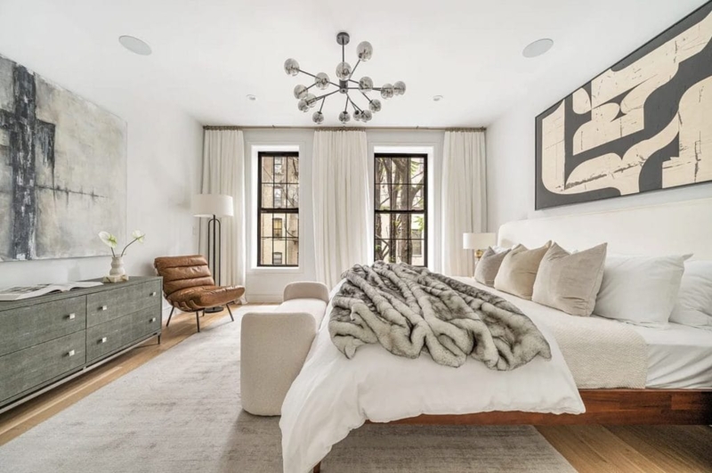 Textured Grey Dresser Bedroom with Sputnik Style Light Airy Design