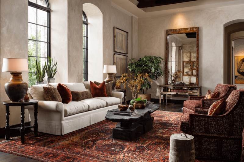 Textured Plaster Wall Living Room with Rustic Slab Coffee Table