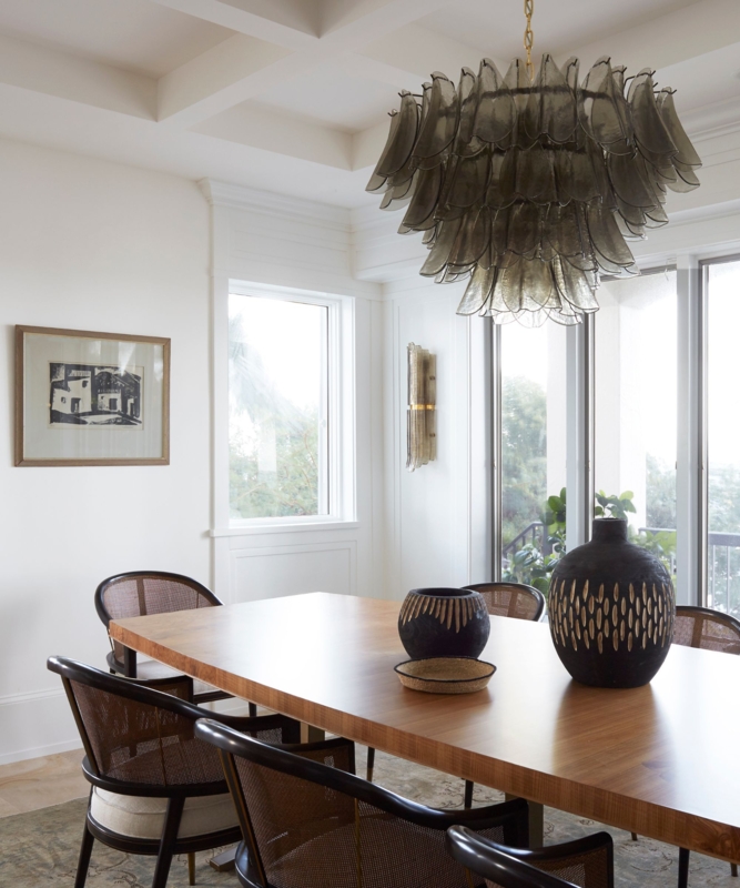 Tiered Smoked Glass Chandelier in a contemporary dining room setting.