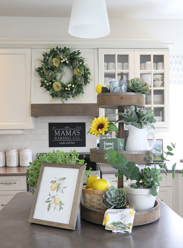 Tiered Tray Decor Summer Kitchen Lemon Motif Three Tier Stand
