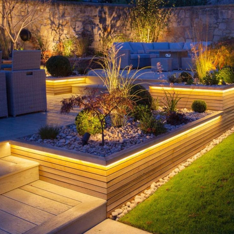 Tiered Wood Planters: Integrated LED Strips for Modern Garden Lighting