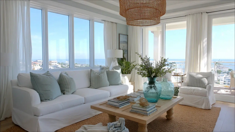 Tiered Woven Pendant Light in Coastal Living Room with Ocean Views