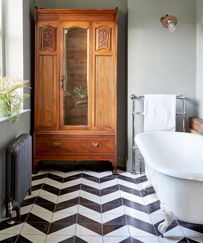 Traditional Bathroom: Black and White Chevron Tile Floor & Armoire
