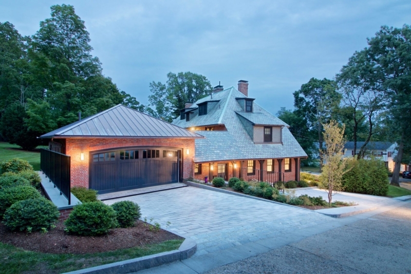 Traditional Brick Exterior with Slate Roof, Dormers & Paver Driveway