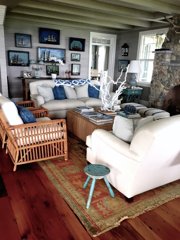 Traditional Coastal Great Room with Nautical Ship Gallery Wall