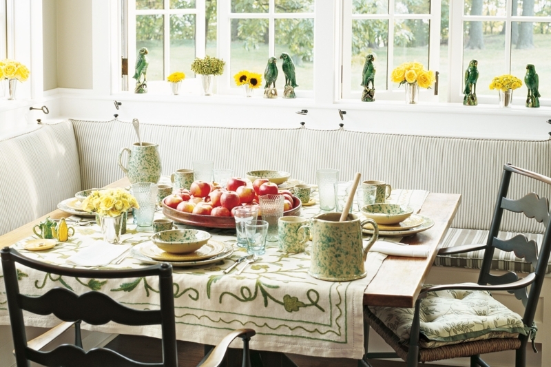 Traditional Cottage Nook: Pinstripe Banquette & Green Spatterware