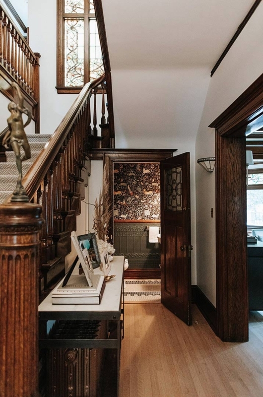 Traditional Foyer featuring Stained Glass Window & Botanical Wallpaper