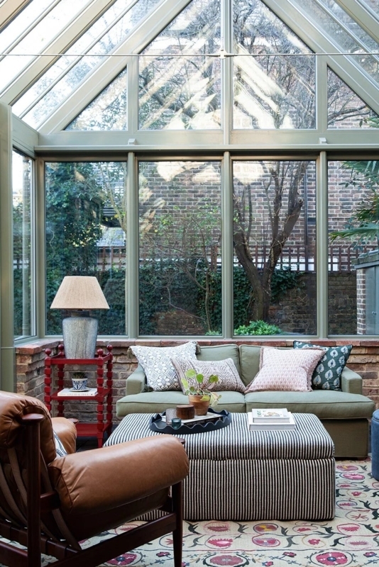 Traditional Garden Room: Glass Roof & Striped Upholstered Ottoman