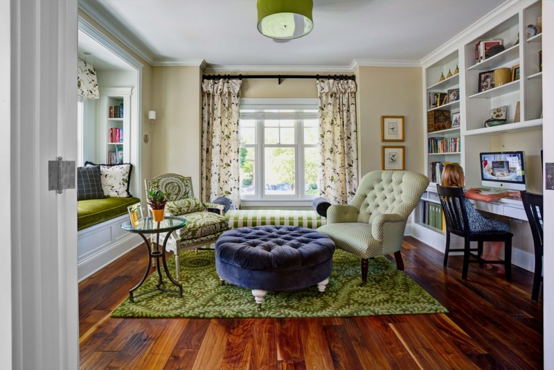 Traditional Home Library Reading Nook with Green Botanical Rug