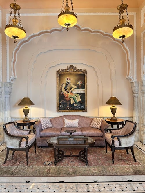 Traditional Indian Lounge: Symmetrical Seating & Nested Scalloped Arches
