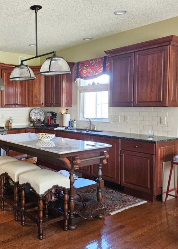 Traditional Kitchen: Cherry Wood Cabinets, Marble Island, Ornate Legs