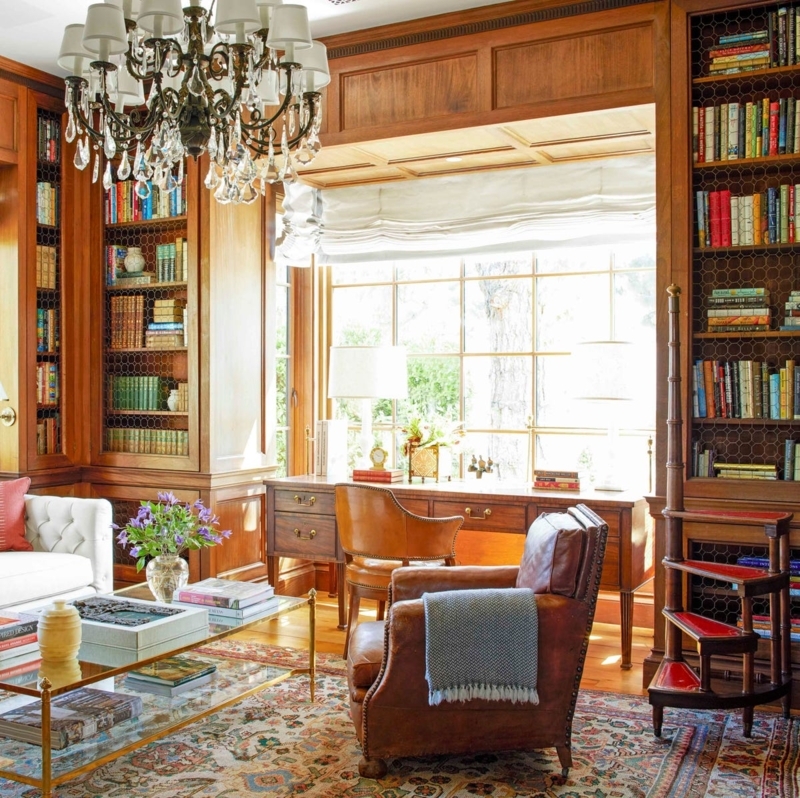 Traditional Library Design: Built-in Bookshelves with Wire Mesh Fronts