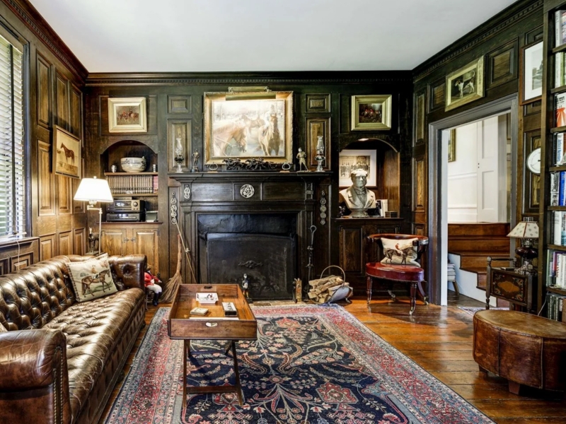 Traditional Library: Full Wall Wood Paneling & Equestrian Wall Art