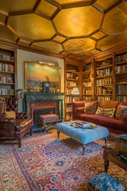 Traditional Library: Gold Coffered Ceiling & Green Marble Fireplace