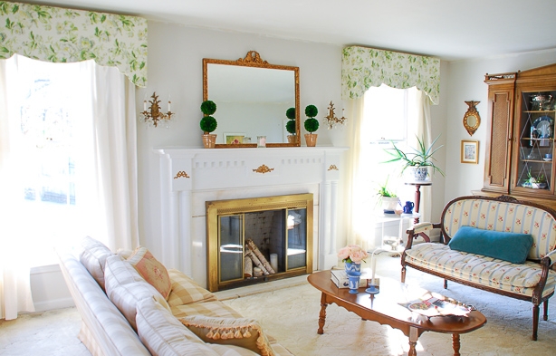 Traditional Living Room Fireplace with Floral Valances