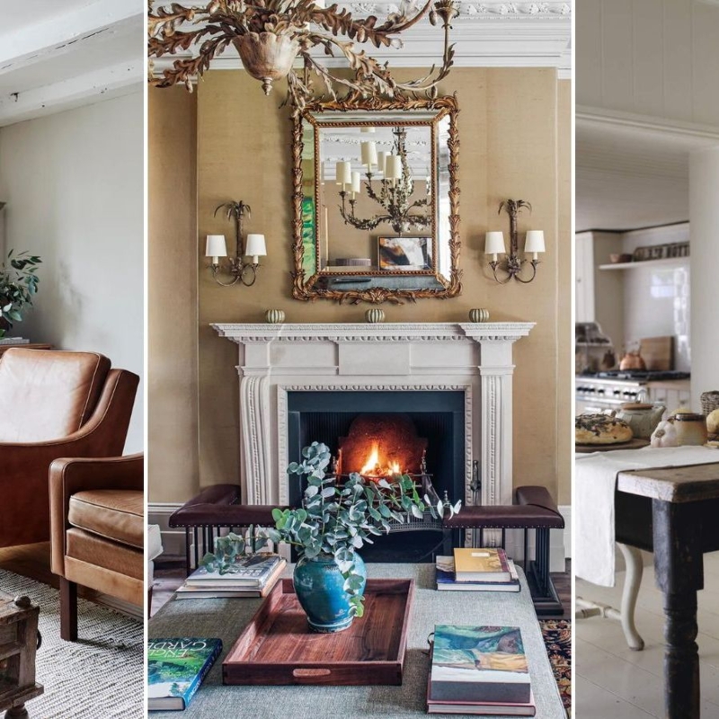Traditional Living Room Triptych: Ornate Gold Mirror & Fireplace