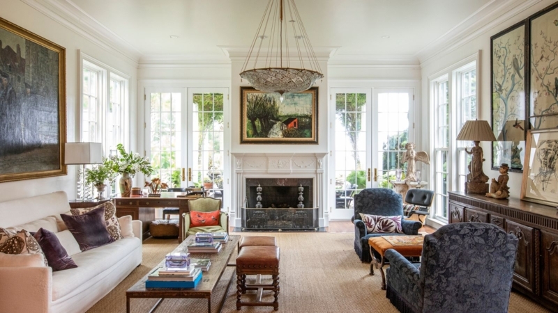 Traditional Living Room White Fireplace Mantel Mismatched Seating