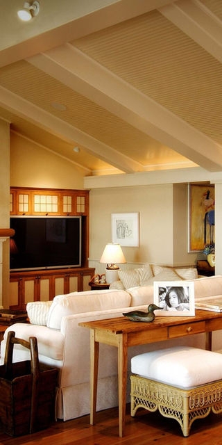 Traditional Living Room with Beadboard Ceiling and Wood Beams