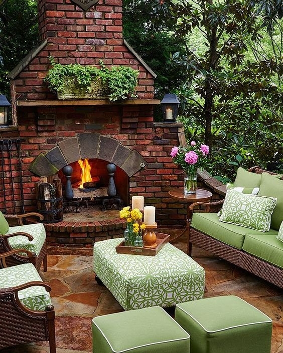 Traditional Patio Lounge with Brick Outdoor Fireplace