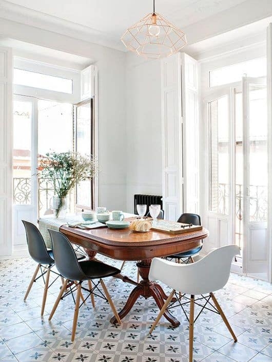 Traditional Pedestal Dining Table Patterned Tile Floor Mixed Chairs